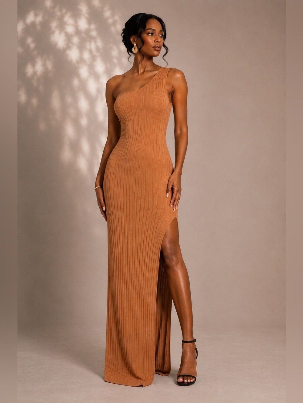One shoulder Camel Wild Rib Split Maxi Dress